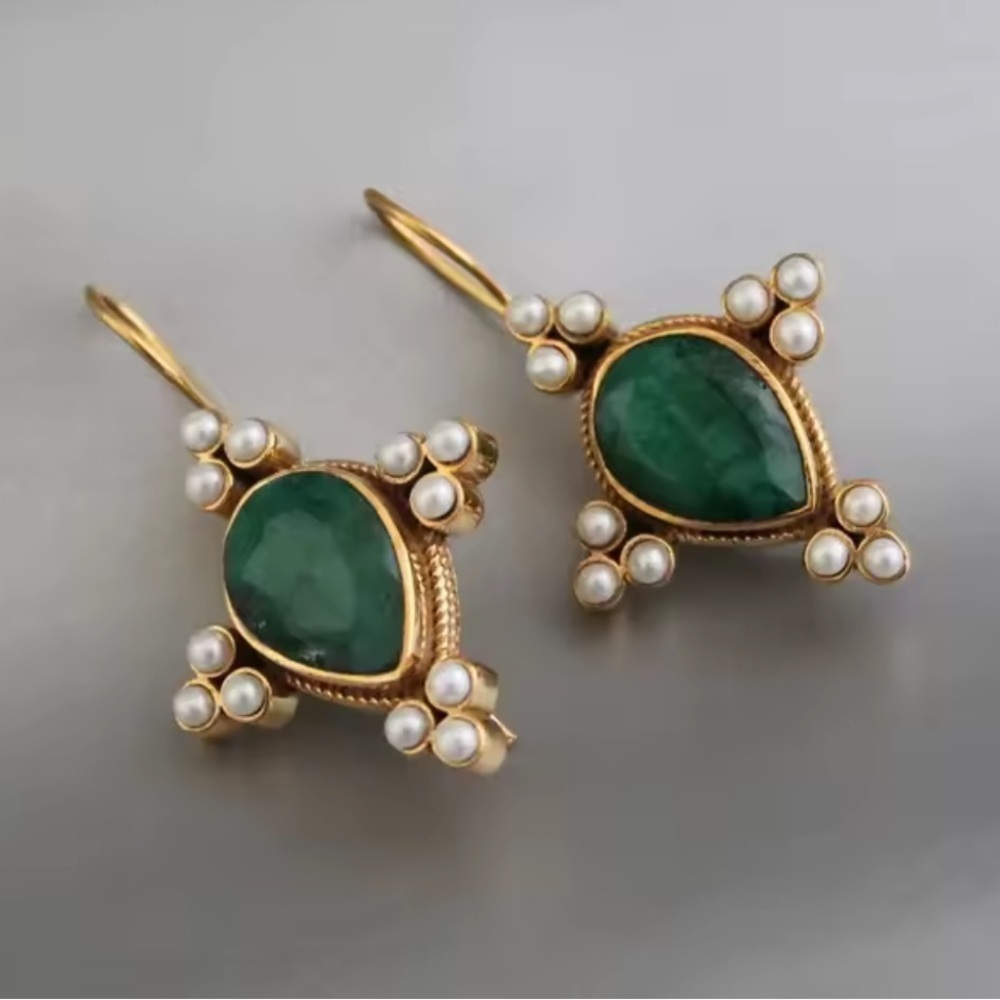 Vintage Gold Drop Earrings with Green Peridot & Pearl Accents